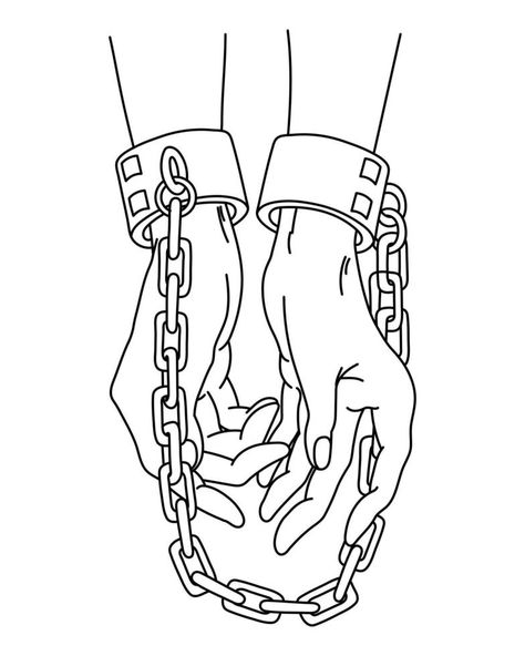 Line art, female hands are chained. Human trafficking concept. Illustration, vector. Hand With Chain Drawing, Hands In Chains Drawing, Chains Illustration Art, Chains Reference Drawing, Person In Chains Drawing Reference, Person Chained Up Reference, Pinned Down Pose, Breaking Chains Art, Chains Drawing Reference