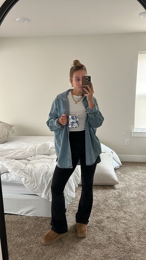 Camilla Hoops curated on LTK Simple Fall Mom Outfits, Fall Work Outfits Jeans, Mama Fall Outfits, Flare Leggings Oversized Shirt, Thrifted Mom Outfits, Oversized Denim Button Up Shirt Outfit, Simple Concert Outfit Casual, Fall La Outfits, Sahm Outfits Fall