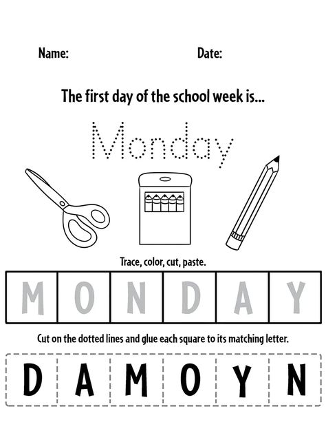 Days Of Week Activities, Kindergarten Worksheets Days Of The Week, Preschool Learning Sheets, Days Of The Week Worksheet Kindergarten, Days Of The Week Preschool, Days Of The Week Free Printables, Times Of The Day Worksheet, Monday Worksheet, Preschool Cut And Paste Worksheets