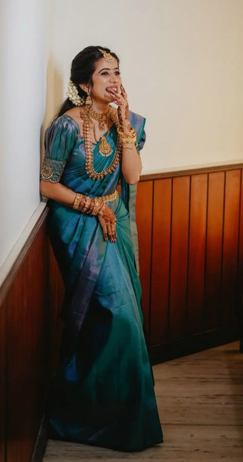 Teal Saree Look, Variety Saree Blouse Designs, Blue Manthrakodi Saree, Blue Wedding Saree Bridal Kerala, Bridal Saree Ideas South Indian, Peacock Blue Wedding Saree, Engagement Saree Engagement Saree Indian, Reception Sarees South Indian, South Indian Wedding Saree Collection