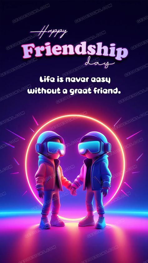 Friendship day wallpaper with Friendship quotes, Friends holding hands and wearing virtual glasses with neon effect background Virtual Glasses, Friendship Day Wallpaper, Friends Holding Hands, Social Media Posters, Friendship Wallpaper, Girls Holding Hands, Poster Images, Neon Effect, Quotes Friends