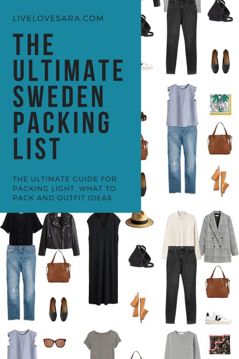 What to pack for 3 weeks in Sweden packing list | Sweden Outfit Ideas | What to Wear in Sweden | Stockholm Packing list | Spring Packing List | Stockholm Outfit Ideas | What to Wear in Stockholm | Packing Light | Capsule Wardrobe | travel wardrobe | Summer packing list | travel capsule | livelovesara Swedish Capsule Wardrobe, Stockholm Packing List, Pack For 3 Weeks, Sweden Clothes, Travel Wardrobe Summer, Sweden Street Style, Sweden Outfit, Spring Packing List, Packing List Spring