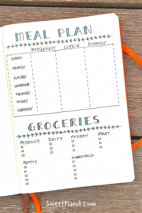 Never know what to cook? Meal planning is a grind but it doesn't have to be. Check out all of these easy Meal Plan Spread Ideas for Your Bullet Journal + FREE PDF Printable! #meals #planning #bujo #bulletjournal #bujojunkies #grocerylist #cooking Meal Planning Inspiration, Bujo Meal Plan, Recipes Journal Ideas, Bujo Meal Planning, Bullet Journal Grocery List, Meal Plan Bullet Journal, Meal Planner Bullet Journal, Meal Plan Journal, Bullet Journal Meal Planning