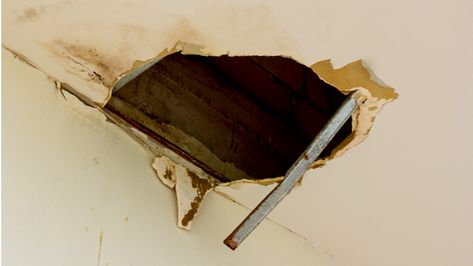 huge hole in the roof from rainwater | A Beginner's Guide To Ceiling Repair | ceiling drywall repair Repair Hole In Ceiling Drywall, Ceiling Drywall Repair, Drywall Repair Ceiling, Repair Drywall Hole, Water Damaged Ceiling, Repair Ceilings, Sheetrock Repair, Drop Ceiling Panels, Ceiling Leak