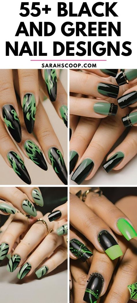 Show off your edgy side with these 55+ bold black and green nail designs, perfect for making a statement. Dare to stand out! 💚🖤 #NailArt #EdgyStyle #GreenAndBlack Green Black And White Nail Designs, Black And Neon Green Nail Designs, Green Black And Gold Nails, Army Green Nails With Design, Black And Green Nail Ideas, Green And Black Nail Designs, Green Nail Inspo Acrylic, Green Witchy Nails, Black And Neon Green Nails