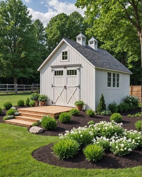 20 Cute Shed Ideas For Your Backyard – ToolzView Shed Flower Beds, Backyard Shed With Porch, Backyard With Shed Layout, Farmhouse Shed Exterior, White Shed Ideas, Shed Garden Ideas, Garden Shed Landscaping Ideas, Landscaping Around Shed Backyards, Large Sheds Ideas Backyard