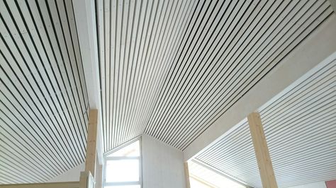 Diy Wood slat ceiling in a mountain cottage White Slat Ceiling, Slat Ceiling, Wood Slat Ceiling, Fluted Wood, Mountain Cottage, White Ceiling, Wood Slats, Diy Wood, Painted Wood