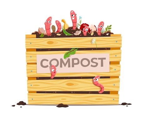 Vector compost wooden box with funny car... | Premium Vector #Freepik #vector #nature #color #farm #garden Cartoon Earth, Clean City, Cover Page For Project, Compost Soil, Organic Waste, Vector Nature, Farm Garden, Earthworms, Waste Management