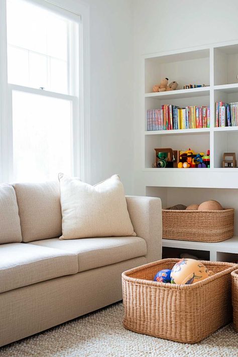 50+ Living Room Toy Storage Ideas That Keep Everyone Happy Organization For Toys In Living Room, Living Room Kids Toy Storage, Playroom Organization Closet, Toy Storage Baskets Living Rooms, Lincoln Log Toy Storage, Small Toy Corner In Living Room, Closed Toy Storage Ideas, Toy Block Storage, Hidden Playroom Storage