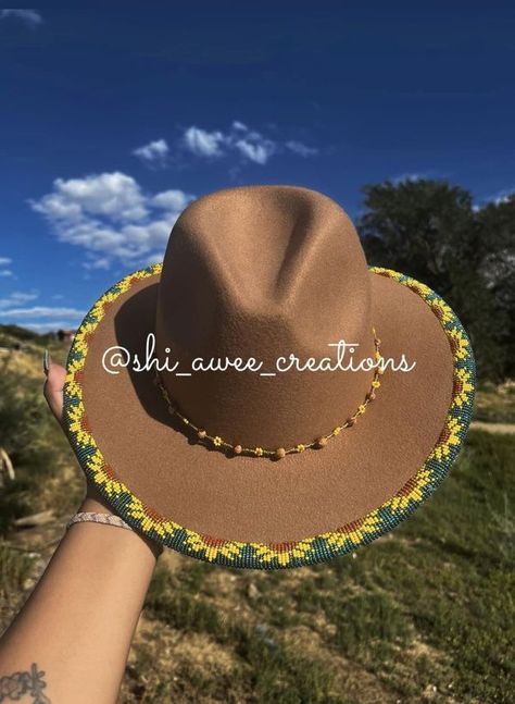 The Indigenous Bead Life | ✨Yá'át'ééh✨ | Facebook Beaded Grad Caps, Beaded Hats Native American, Beaded Clothes, Beaded Sunflower, Beaded Hats, Indigenous Beadwork, Beads Clothes, Sunflower Hat, Beaded Hat Bands