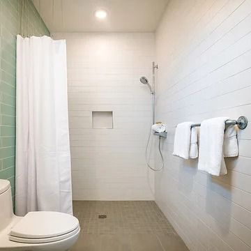 Featured Bathrooms - Contemporary - Bathroom - Seattle - by Featured Kitchen and Bath, Inc. | Houzz NZ Walk In Shower Ideas With Curtain, Walk In Shower With Shower Curtain, Walk In Shower Curtain Ideas, Walk In Shower With Curtain, Ada Bathroom, Over The Toilet Cabinet, Black Floor Tiles, Narrow Rooms, Childrens Bathroom