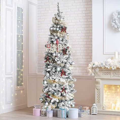 This artificial snow flocked pencil Christmas tree with warm white color lights can add your home the best holiday atmosphere! This is a prefect snow flocked Christmas pencil tree with lights if you are finding something durable, non-toxic, environmental-friendly and reusable for next few years. All branches of this pencil Christmas tree are made of high-quality PVC material, which is long-lasting, non-toxic and anti-allergic. #sponsored White Artificial Christmas Tree, Office Rooms, Flocked Tree, 6ft Christmas Tree, Tree With Lights, Led Christmas Tree Lights, Slim Christmas Tree, Pencil Trees, Warm White Lights