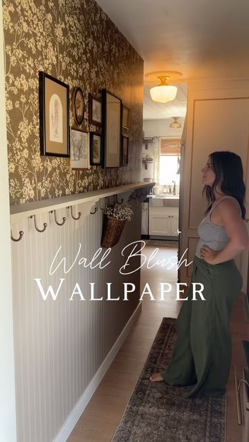 Plantain Shutters, Hallway Accent Wall, Foyer Accent Wall, Accent Wall Entryway, Wall Blush, Hall Wallpaper, Hallway Makeover, Hallway Wallpaper, Dining Roo