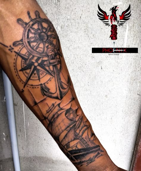 Nautical Calf Tattoo Men, Anchor Ship Tattoo, Captain Tattoo Ideas, Fisherman Tattoo Design, Fisherman Tattoo Ideas, Seaman Tattoo Design, Compass Tattoo Design Men, Coast Guard Tattoo, Jb Tattoo