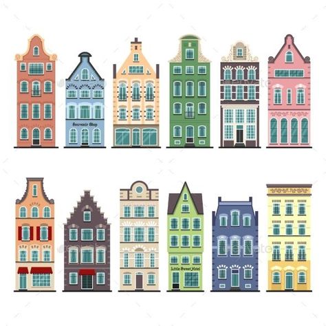 Set of 12 Amsterdam Old Houses Cartoon Facades for $8 - GraphicRiver #BestDesignResources Amsterdam Houses, House Cartoon, Dutch House, Building Illustration, Posca Art, This Old House, House Illustration, House Drawing, Traditional Architecture