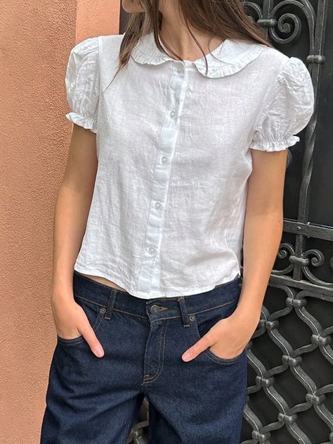 Solid Frill Trim Puff Sleeve Shirt White Cute  Short Sleeve Polyester Plain Shirt Non-Stretch  Women Clothing, size features are:Bust: ,Length: ,Sleeve Length: Puff Sleeve Button Up, White Short Sleeve Blouse, Puff Sleeve Shirt, Plain Shirt, Blouse Short Sleeve, Plain Shirts, Women Blouses, Cute Shorts, Shirt Collar