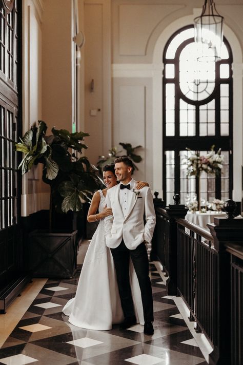 Black Tie Groom Attire, Bride And Groom White Tuxedo, Man Tuxedo Wedding, Mens Black And White Wedding Suit, Black Tie Wedding Bride And Groom, Black Tie Groom Tuxedos, White Tie Wedding Groom, Classic Wedding Tuxedo Groom Attire, Wedding White Tuxedo For Men