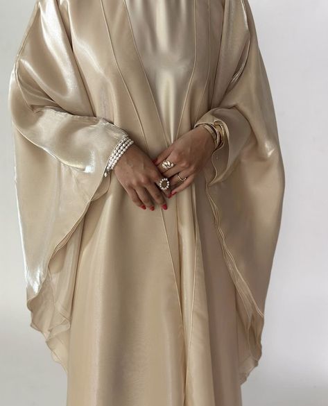 gold beige abaya, silk, long sleeves, covered Khaleeji Hijab, Follow For More, Silk