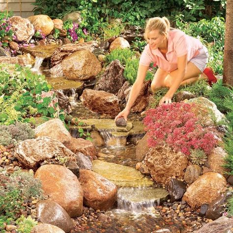 Build a Backyard Waterfall and Stream (DIY) Backyard Stream, Backyard Waterfall, Yard Drainage, Diy Water Feature, Taman Air, Garden Waterfall, Pond Waterfall, Pond Water Features, Backyard Water Feature