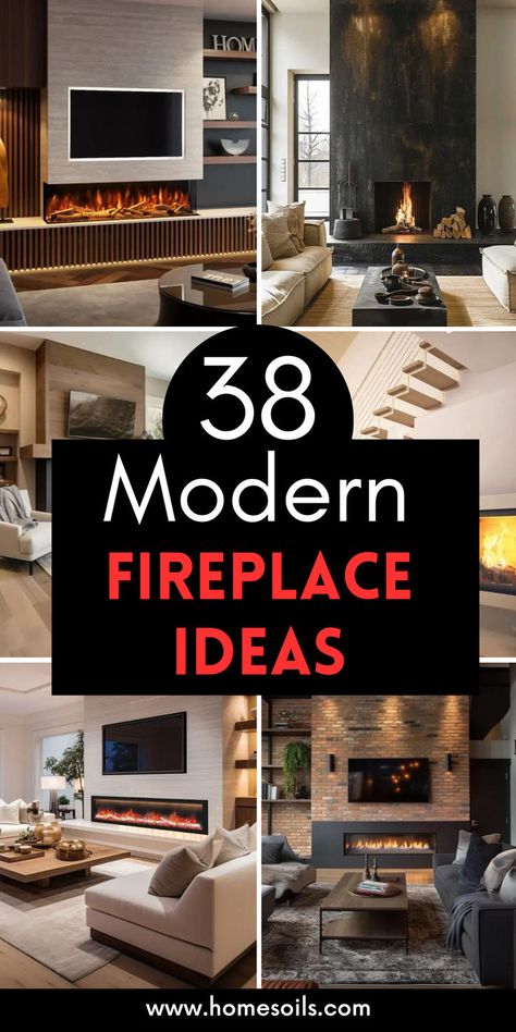 Elevate your living space with 38 modern fireplace ideas that combine style and functionality! From sleek designs to innovative placements, discover inspiration to create a stunning focal point in your home. Visit our site for tips on incorporating a modern fireplace into your decor! Modern Indoor Fireplace Ideas, Modern Gas Fires Living Rooms, Modern Open Fireplace, Wide Fireplace Makeover, Brick Wall And Fireplace, Glass Fireplace Wall, Modern Fireplace High Ceiling, Modern Fireplace Doors, Three Sided Fireplace Ideas Modern