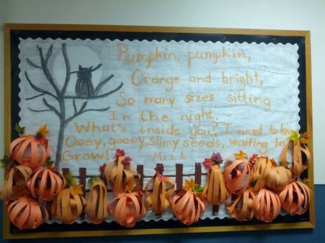 3D Fall Bulletin Board Ideas | October Bulletin Board with 3D construction paper pumpkins, pumpkin ... Pumpkin Bulletin Board Ideas, Pumpkin Bulletin Board, October Bulletin Board, Pumpkin Poem, October Bulletin Boards, Thanksgiving Bulletin Boards, Fall Bulletin Board, Owl Silhouette, Bulletin Boards Ideas