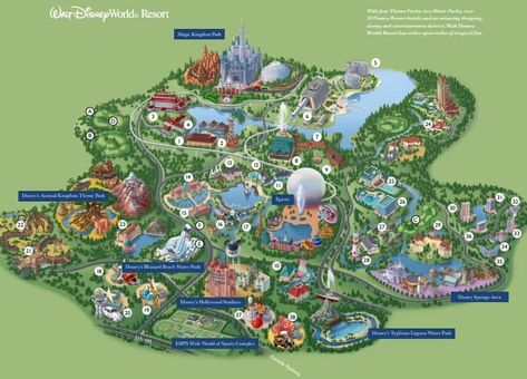 Full Disney World Map that shows where the parks are and were Disney Resorts are located. Disney Springs Map, Disneyland Orlando, Disney Map, Theme Park Map, Disney World Map, Disneyland World, Disney Animal Kingdom, Disney Parque, Florida Parks