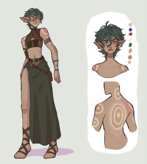 Forest Clothing Concept Art, Poses Fantasy Drawing, Elfs Outfits, Character Art Nonbinary, Elf Oc Outfit, Nature Clothes Drawing, Jungle Outfit Drawing, Oc Tattoo Drawing, Dnd Oc Drawing