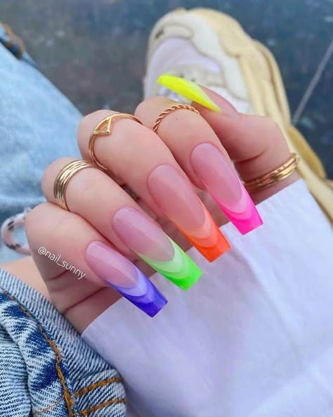 30+ Rainbow Nails You Need To Try This Summer! - Prada & Pearls Rainbow Nails Design, Neon Acrylic Nails, Milky Nails, French Tip Nail Designs, Summer Acrylic Nails, Rainbow Nails, Neon Nails, Beautiful Nail Designs, Summer Nail