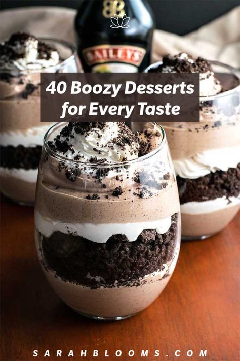 Alcohol Frosting Recipes, Boozy Chocolate Mousse, Boozy Dirt Cups, Baileys Trifle Desserts, Different Desert Ideas, Coffee Liquor Dessert Recipes, Deserts With Liquor, Alcohol Infused Whipped Cream, Boozy Pudding Desserts