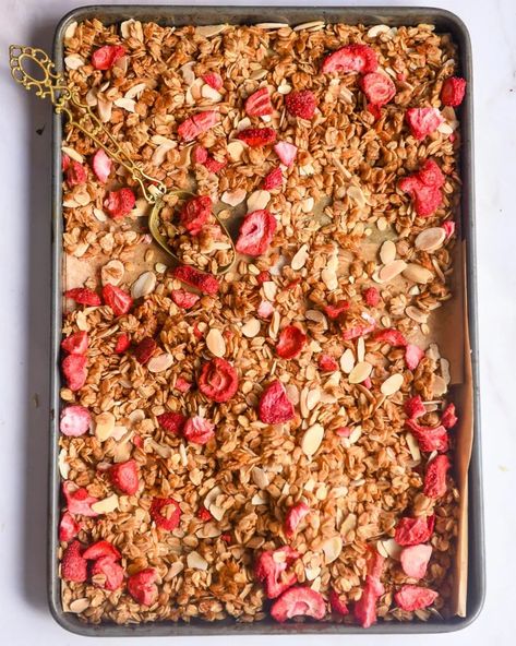 Strawberry Granola | Nourish Deliciously Strawberry Shortcake Granola, Strawberry Granola, Chilled Desserts, Rice Dinner, Squash Salad, Savory Pancakes, Cold Appetizers, Snack Dip, Freeze Dried Strawberries