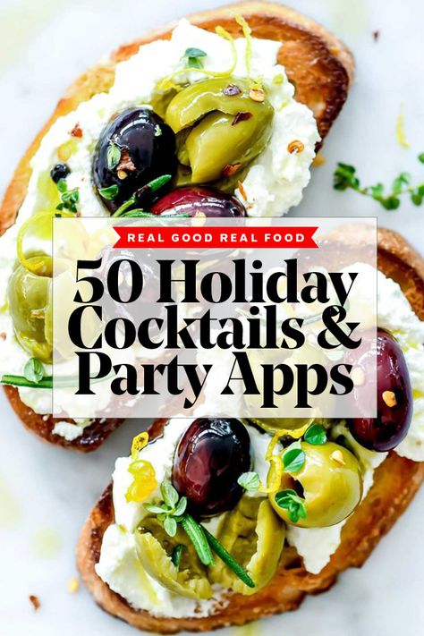 50 Holiday Appetizers & Drinks | Marinated Olives foodiecrush.com Holiday Cocktail Party Appetizers, Christmas Cocktail Party Appetizers, Xmas Appetizers, Cocktail Party Appetizers, Winter Appetizers, Holiday Appetizers Christmas, Best Christmas Appetizers, New Years Appetizers, Cocktail Party Food