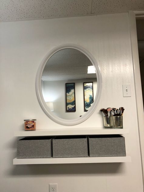 Floating Shelves Makeup Vanity, Tiny Home Makeup Vanity, Floating Shelves For Makeup, Small Vanity Ideas Bedroom Floating Shelves, Floating Shelves Vanity Bedrooms, Floating Shelf Vanity Bedrooms, Floating Makeup Shelf, Make Up Shelves Ideas, Diy Wall Vanity Makeup Floating Shelves