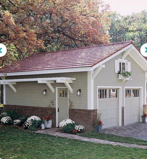 love the pergola and the window box above the window. Something so simple adds so much charm and also affordable. Red Tin Roof House Colors, Garage Trellis, Veranda Design, Farmhouse Garage, Garage Exterior, Pergola Design, Garage Makeover, Casa Exterior, Red Roof