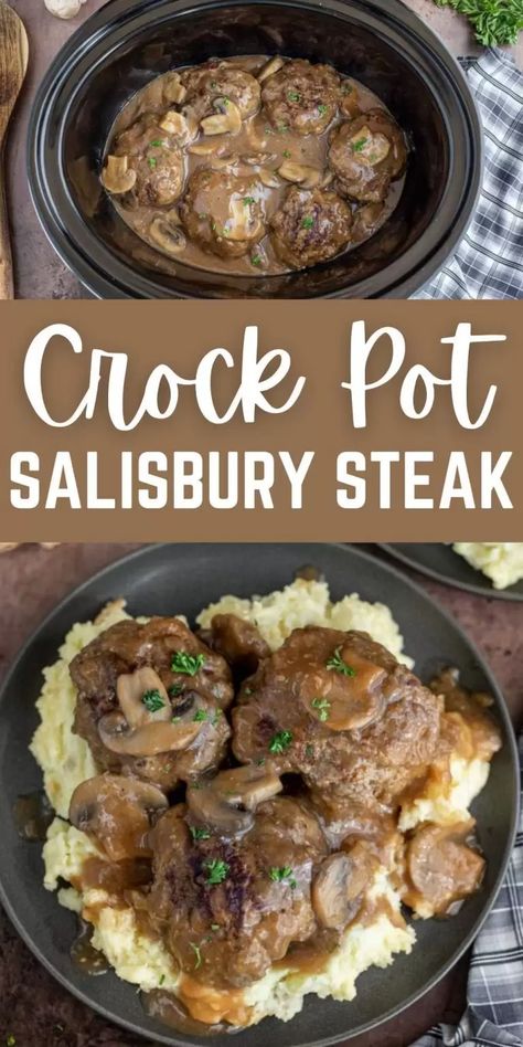 Crockpot Salisbury Steak - Easy Slow Cooker Salisbury Steak Salisbury Steak Crockpot Easy, Saulsberry Steak Recipes, Crockpot Salisbury Steak, Easy Slow Cooker Meal, Beef And Gravy, Crockpot Steak Recipes, Salisbury Steak Crockpot, Easy Salisbury Steak, Slow Cooker Meal