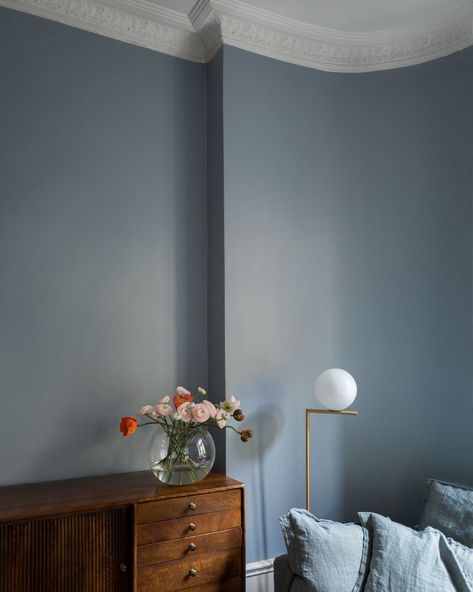 Monochrome Blue Room, Light Blue Grey Walls Living Room, Mid Blue Bedroom, Blue Wall Ideas Bedroom, Powder Blue Office, Blue Walls Aesthetic, Blue Walls Brown Furniture, 2 Tone Wall Paint Ideas Bedroom, Dusty Blue Wall Color