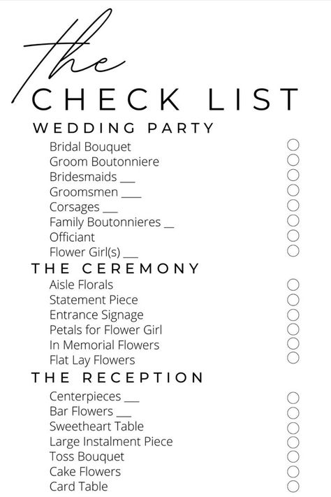 Wedding Flower Check list. Not sure what flowers you need for your wedding? Use this list to narrow down what you do and don't need before meeting with your florist! Leave the desining to your florist and keep your wedding planning process as stress free as possible. Wedding Planning, Wedding Flowers Who Needs Flowers In A Wedding, Flower List For Wedding, Wedding Floral Checklist, What You Need For A Wedding, List Of Flowers Needed For Wedding, Wedding Flower List, Flowers Needed For Wedding, How Many Flowers Do I Need For Wedding, Wedding Flowers List