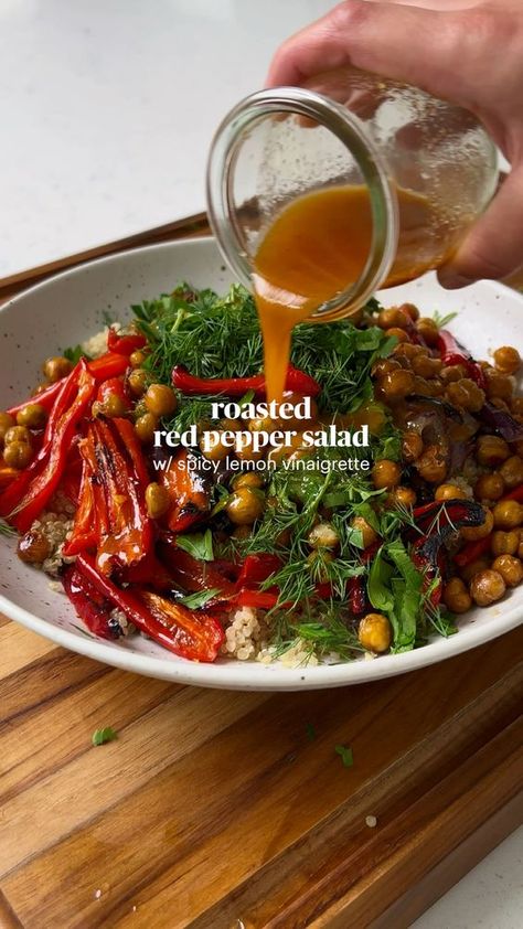 My hot take on the protein obsession! As always, recipe for this crispy chickpea and roasted red pepper salad is linked below. Hope it makes it on your dinner menu! Roasted Red Pepper Salad, Red Pepper Salad, Crispy Chickpea, Sommer Mad, Pepper Salad, Healthy Food Dishes, Roasted Red Pepper, Healthy Salad Recipes, Vegan Dinners