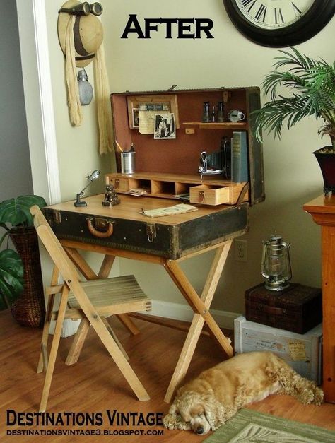 suitcase desk from a wardrobe trunk, diy, how to, painted furniture, repurposing upcycling, rustic furniture, woodworking projects Suitcase Table, Suitcase Decor, Old Suitcases, Vintage Suitcases, Vintage Suitcase, Décor Diy, Redo Furniture, Repurposed Furniture, Upcycled Furniture