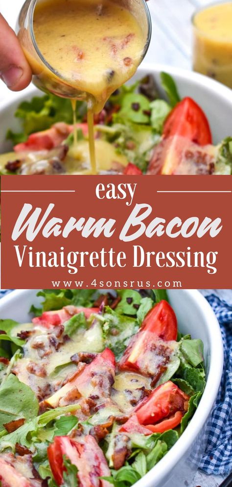 Warm bacon vinaigrette dressing is the perfect complement to any salad. This indulgent dressing will instantly jazz up any salad and make it a mouthwatering addition to any meal! View this easy recipe at 4sonrus.com. Bacon Vinegarette Dressing Recipe, Bacon Dressing Recipe, Warm Bacon Vinaigrette, Vinegarette Salad Recipes, Quick Dressing Recipe, Best Salad Dressings, Bacon Vinaigrette, Home Made Salad Dressing Vinaigrette, White Wine Vinaigrette