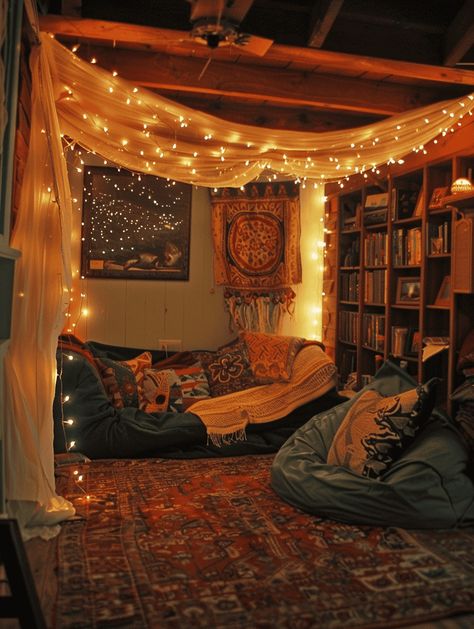 21 Boho Reading Nook Inspirations to Create Your Perfect Cozy Corner Reading Corner Fairy Lights, New Home Room Ideas, Floor Seating Corner Ideas, Cozy Chill Corner, Living Room With Reading Nook Layout, Cozy Floor Seating Bedroom, Quiet Reading Corner, Cozy Chill Living Room, Floor Seating Reading Corner