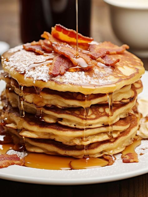 Savory-Sweet Bacon-Embedded Pancakes Maple Bacon Pancakes, Bacon Pancake, Sweet Bacon, Pancakes Bacon, Bacon Pancakes, Cook Eggs, Caramelized Bacon, American Foods, Pancakes And Bacon