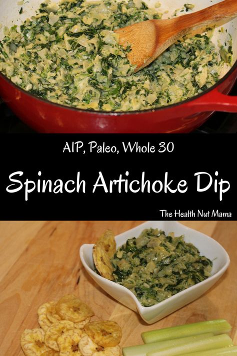 Easy AIP Paleo Artichoke Spinach Dip. Perfect healthy appetizer for entertaining or just as snack. So easy & delicious! Even the kids will love it! #aip #paleo #appetizer #glutenfree #dairyfree #vegan #spinach #artichoke #dip #entertaining #party #healthy #snack www.thehealthnutmama.com Aip Party Food, Aip Appetizers, Paleo Dips, Aip Lunch, Aip Sauces, Paleo Appetizer, Artichoke Spinach Dip, Aip Protocol, Aip Snacks