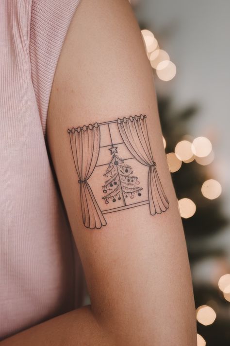 30 Heartwarming Christmas Tattoo Ideas to Celebrate the Magic of the Season A Christmas Story Tattoo, Christmas Tatoos Ideas, Christmas Traditional Tattoo, Traditional Christmas Tattoo, Christmas Tattoo Sleeve, Christmas Tattoo Flash, Christmas Tattoo Designs, Winter Tattoo Ideas, Line Christmas Tree