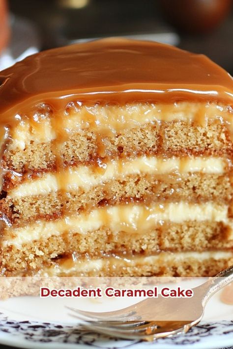 Delight in this decadent caramel cake, a rich, layered dessert with a smooth caramel finish. #CaramelCake #LayeredDessert 12 Layer Caramel Cake, Carmel Cake Recipe From Scratch, Carmel Cakes Southern, Classic Southern Caramel Cake, 7 Layer Caramel Cake Recipe, Caramel Butter Cake, Vanilla Caramel Cake, Salted Caramel Cake Recipe, Caramel Cake Icing