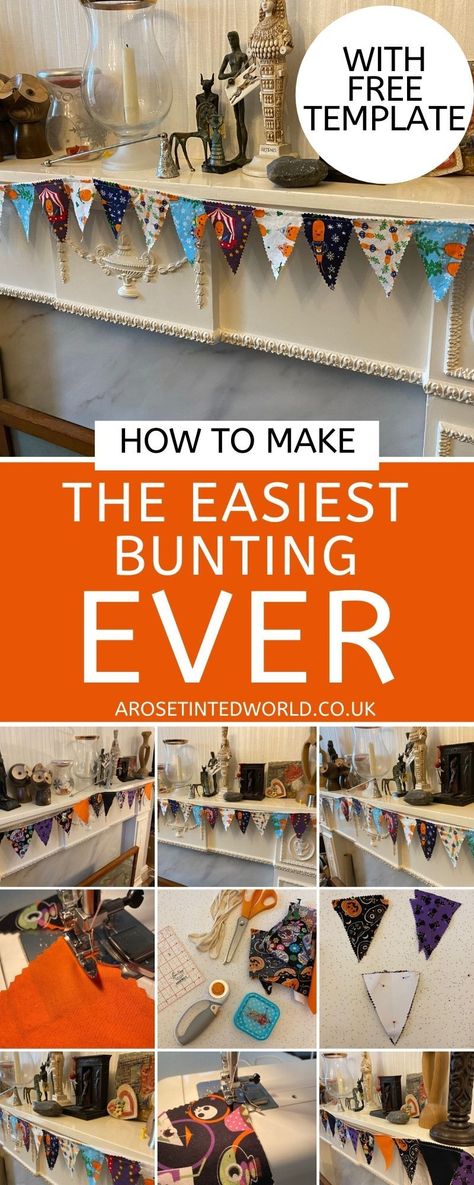 How To Make The Easiest Bunting Ever! ⋆ A Rose Tinted World How To Make Bunting Easy, Cute Bunting Ideas, Flag Bunting Diy, Easy Bunting Diy, Scrap Fabric Bunting, Fabric Bunting Ideas, Christmas Fabric Bunting, Christmas Bunting Diy, Easy Bunting