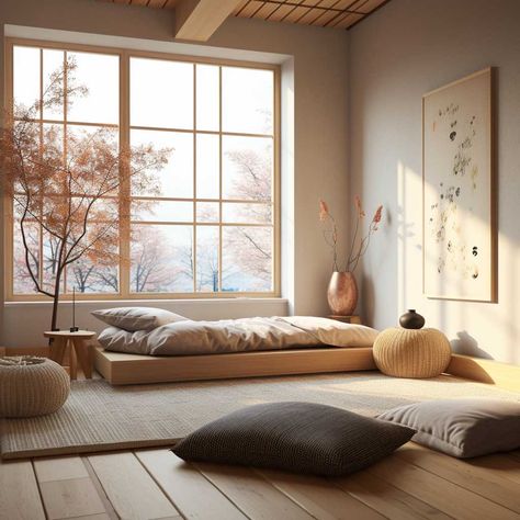 Want Sabi Bedroom, Minimal Bedroom Design Japanese Style, Zen Interiors Bedroom, Japanese Small Bedroom Ideas, Japanese Inspired Bedroom Small Spaces, Japanese Aesthetic Interior, Japan Zen Interior, Japanese Styled Home, Japanese Style Condo