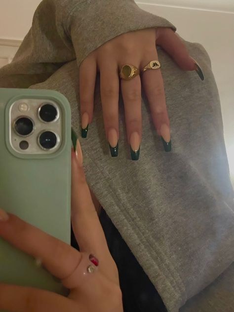 green frenchies Hunter Green French Tip Nails, Hoco Nails For Green Dress, Emerald French Tip, Dark Green Nails Square, Emerald Green Nails French Tip, Nails For A Green Dress, Simple Green Nail Designs, Green French Tip Nails Coffin, Green Tip Nails French