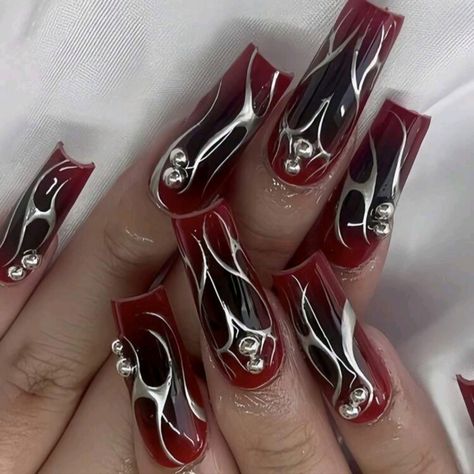 Nib. 24 Piece Nail Set Black And Red Designs With Rhinestones. Red And Silver Nails, Acrylic Nail Set, Ombre Acrylic Nails, Goth Nails, Silver Nails, Rhinestone Designs, Nail Extensions, Artificial Nails, Nail Accessories