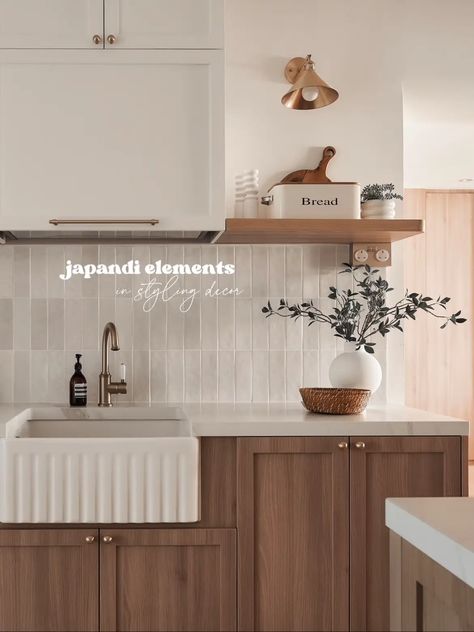 A twist of Japandi & Modern Farmhouse: Kitchen 🍜 | Gallery posted by cheryl | Lemon8 Kitchen Island Decor Japandi, Kitchen Ideas Japandi, Japandi Kitchen Backsplash, Japandi Kitchen Design Small Space, Japandi Kitchen Island, Japandi Kitchen Ideas, Iceland House, Japanese Kitchen Design, Japandi Style Kitchen