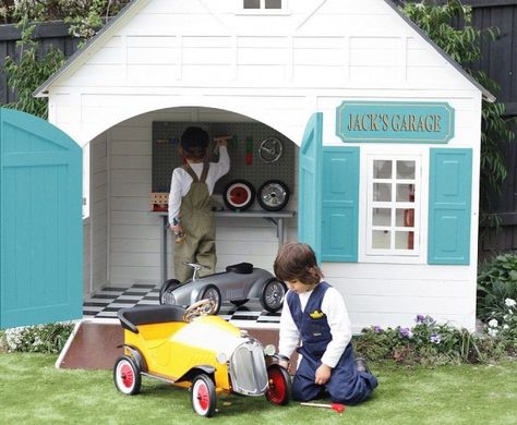 A mini garage meant for a mini motorist. Ikea Cubby, Cubby House Ideas, Boys Playhouse, Kids Cubby Houses, Backyard Kids, Kids Cubbies, Childrens Playhouse, Wooden Cubby, Build A Playhouse